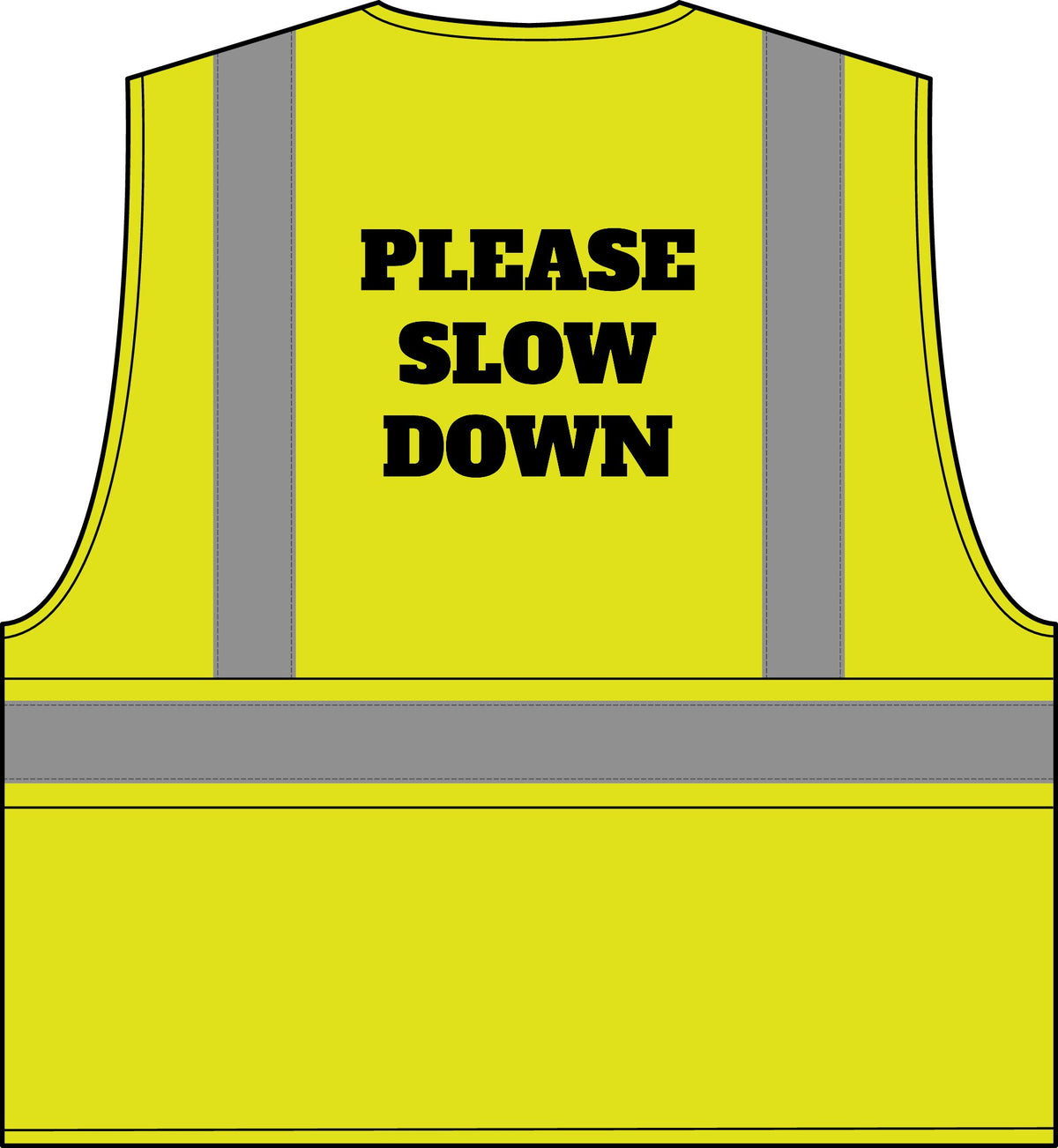 Yellow and orange high-visibility safety vest with reflective stripes and PLEASE SLOW DOWN printed in black on the back