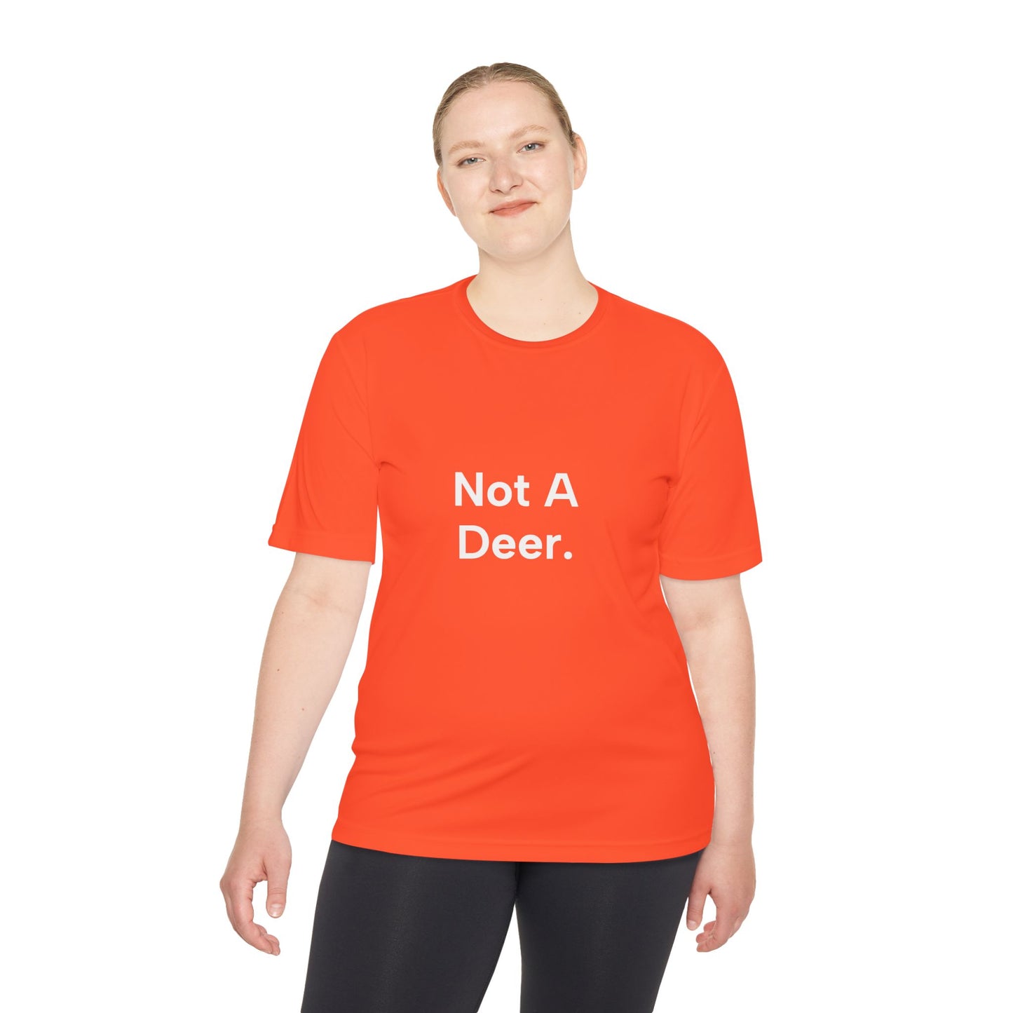 Person wearing an orange t-shirt with 'Not A Deer' text on a white background
