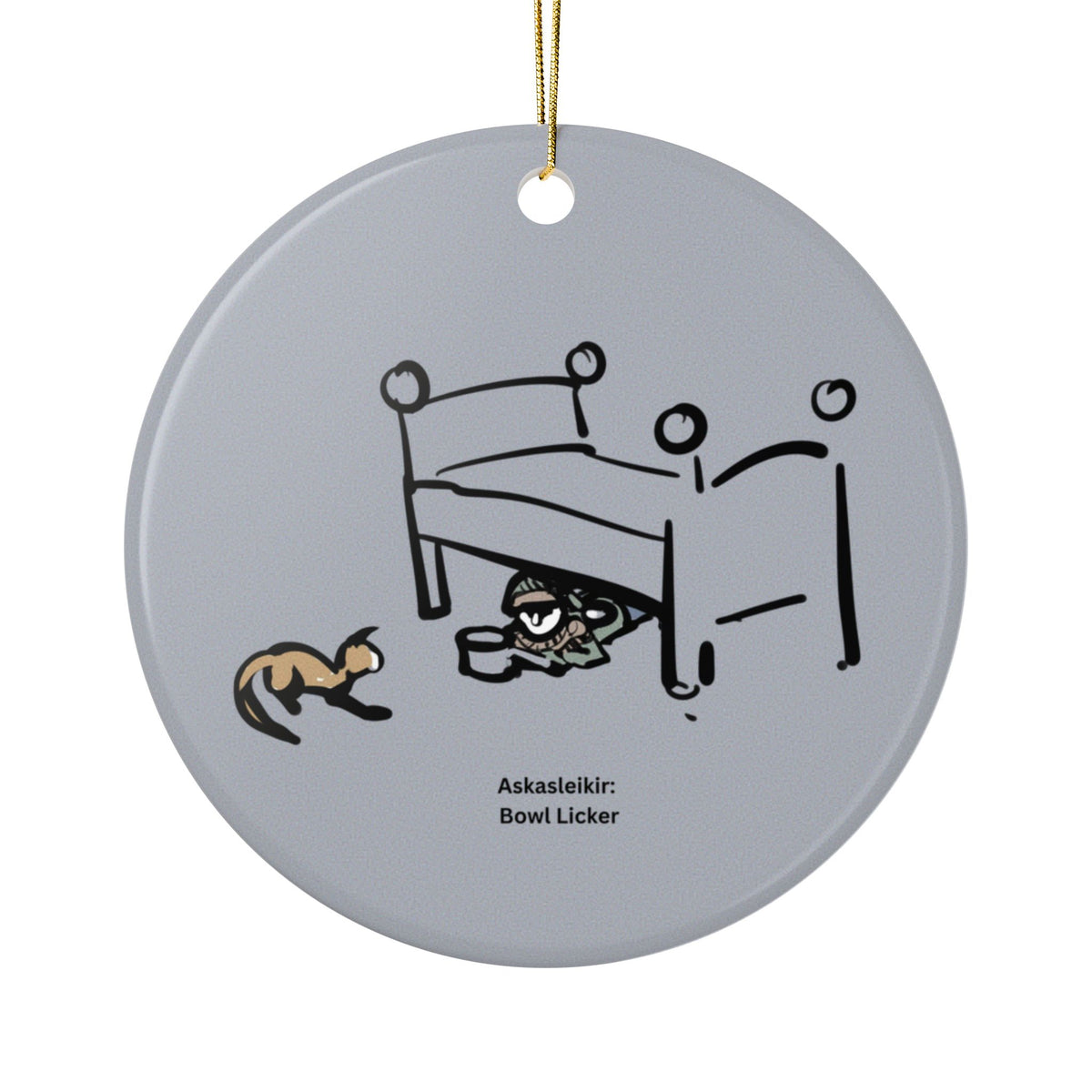 Bowl Licker Yule Lad round ceramic Christmas ornament with Charlotte Guernsey's illustration of Bowl Licker and a gold hanging cord