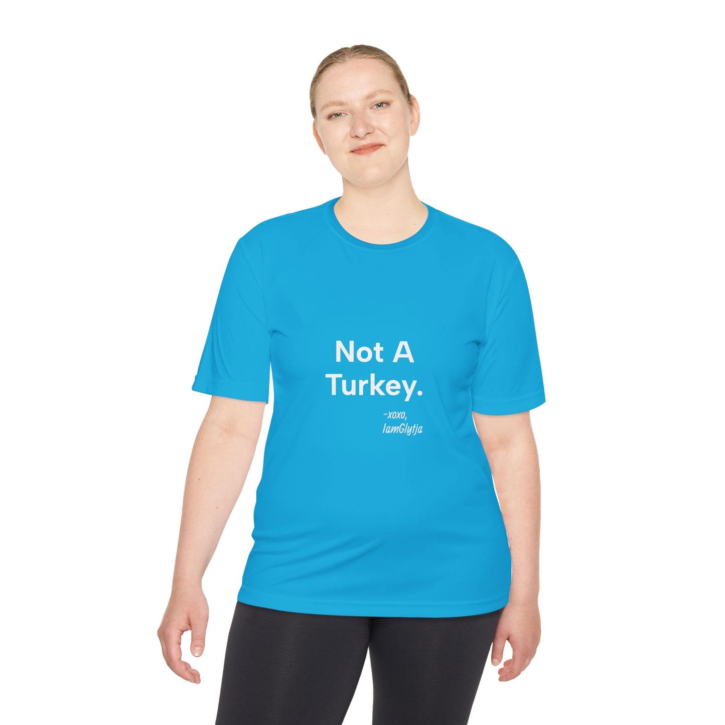 Person wearing a blue t-shirt with 'Not A Turkey' text on a white background