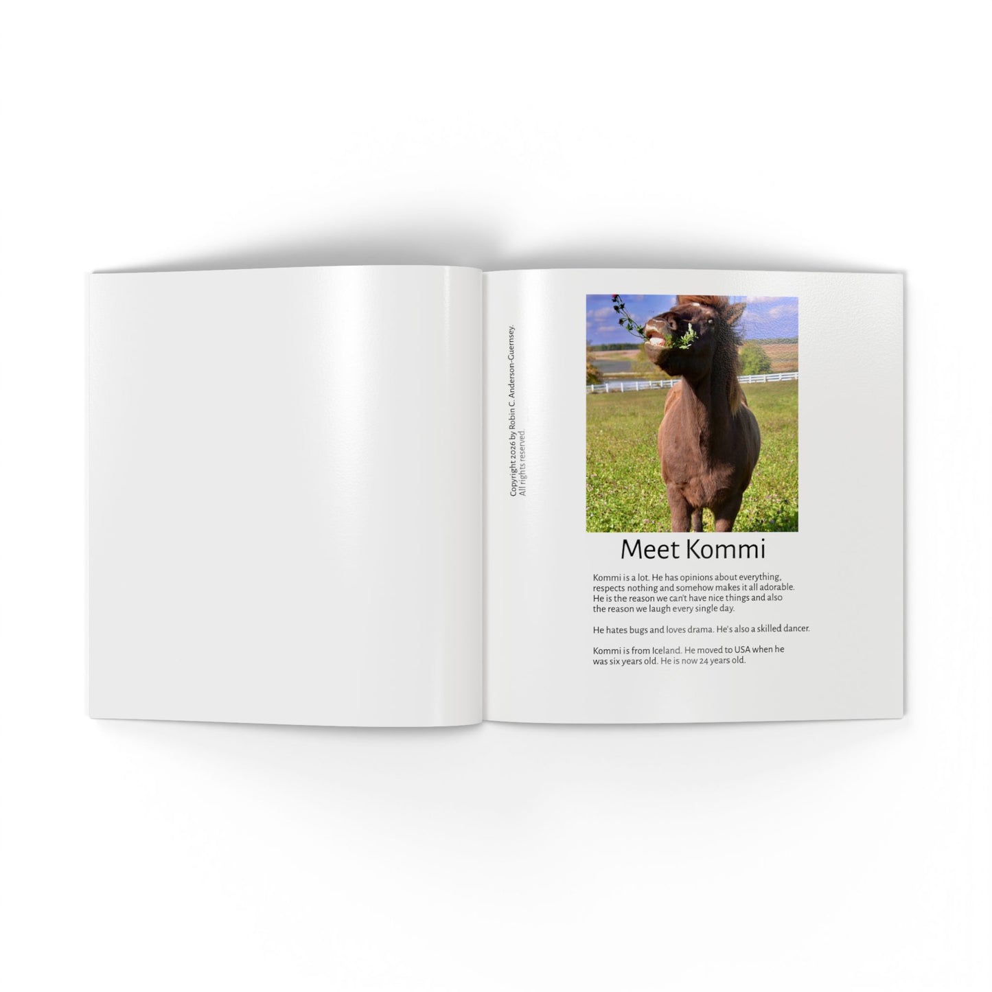 Open book with a photo of Kommi and text on a white background