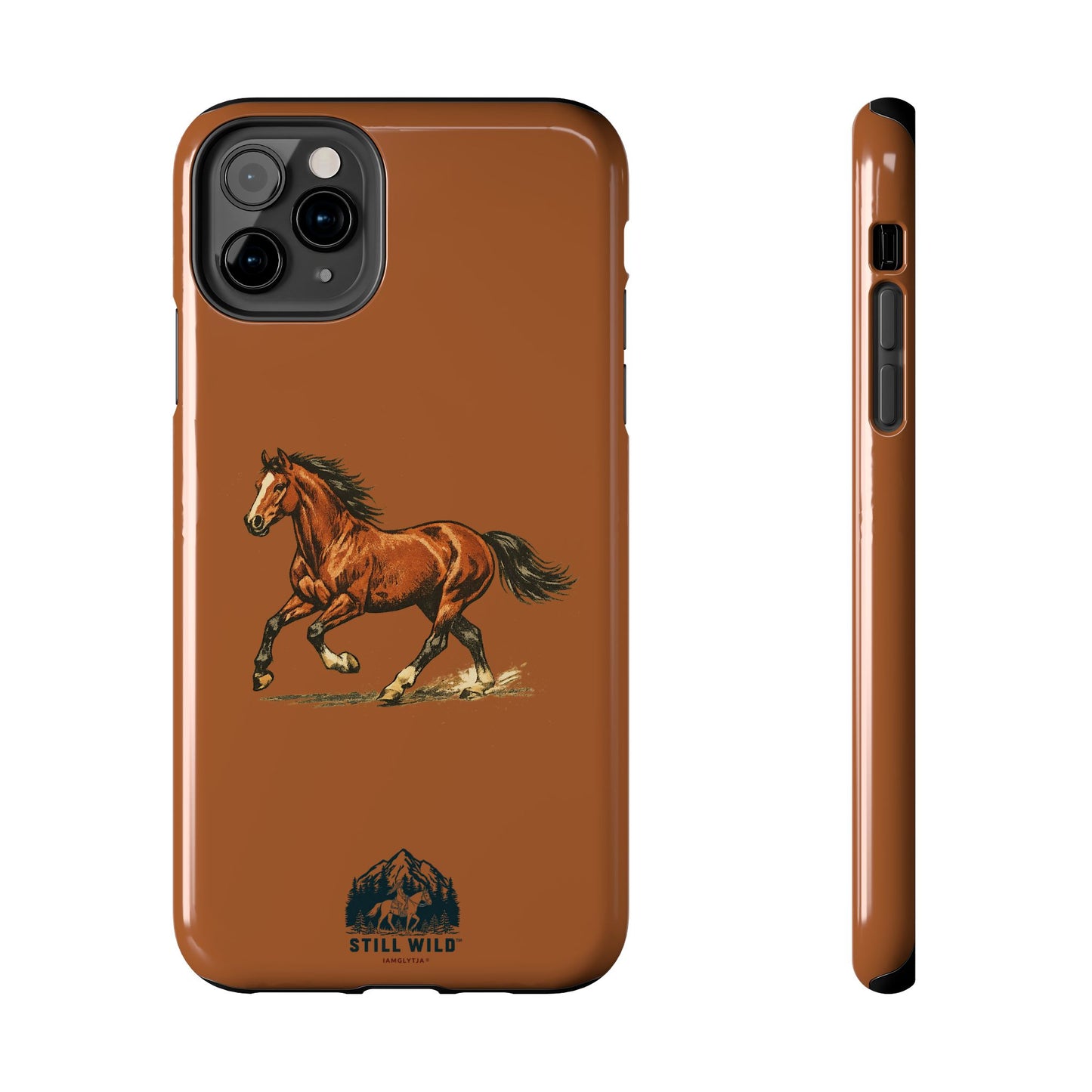 Impact-resistant horse phone case shown on a phone model