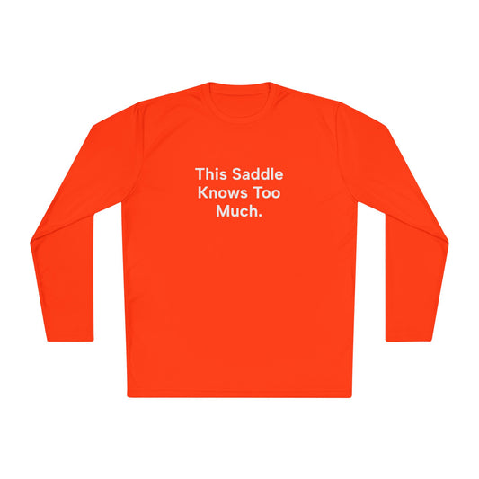 Orange long-sleeve shirt with white text on a white background