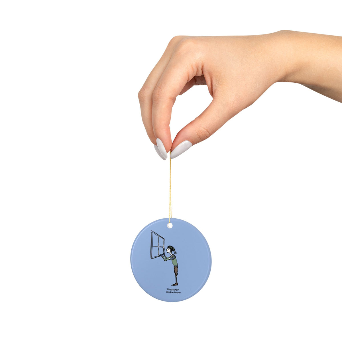 Window Peeper Yule Lad ceramic Christmas ornament, illustrated by Charlotte Guernsey, second view