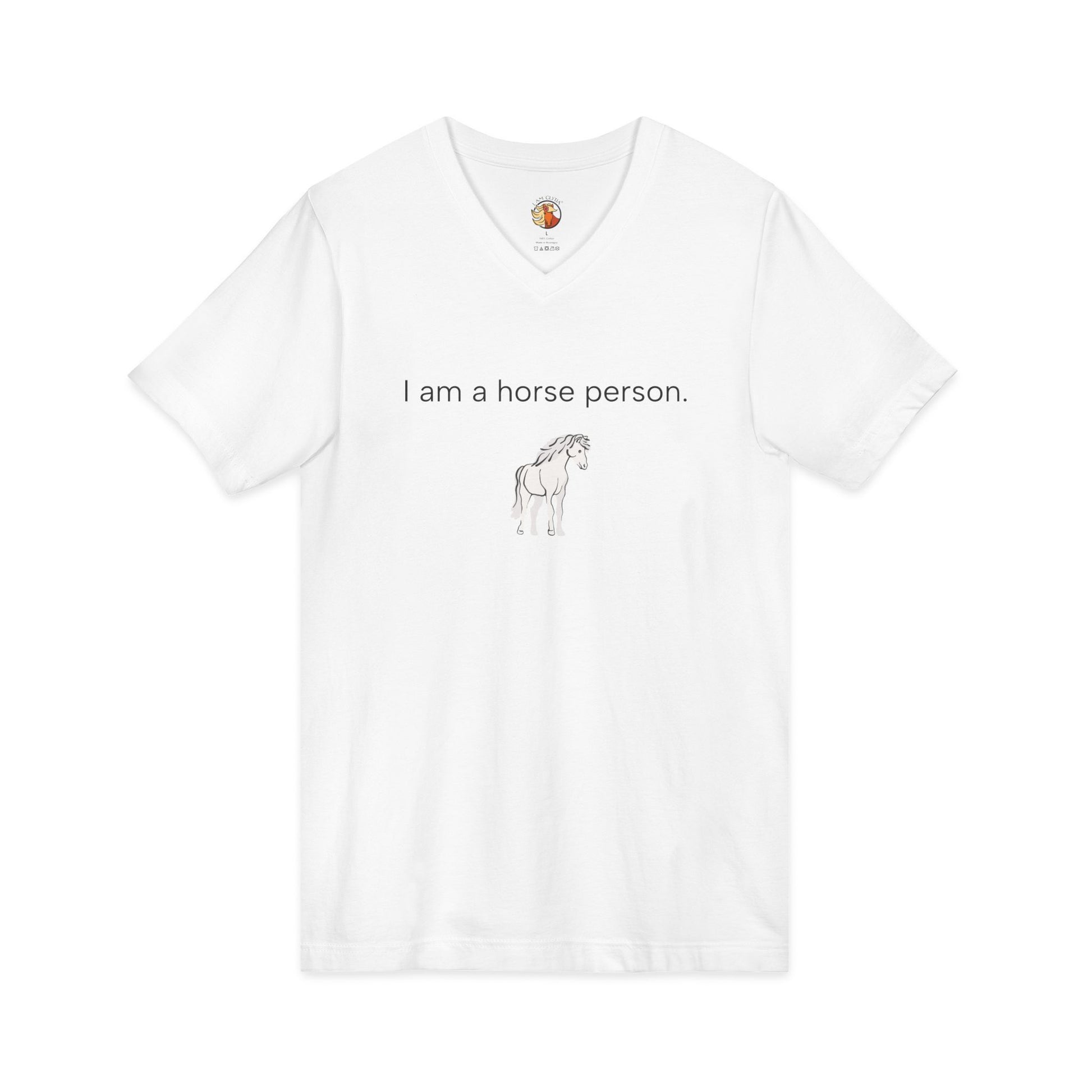 White t-shirt with horse graphic and text 'I am a horse person' on a white background