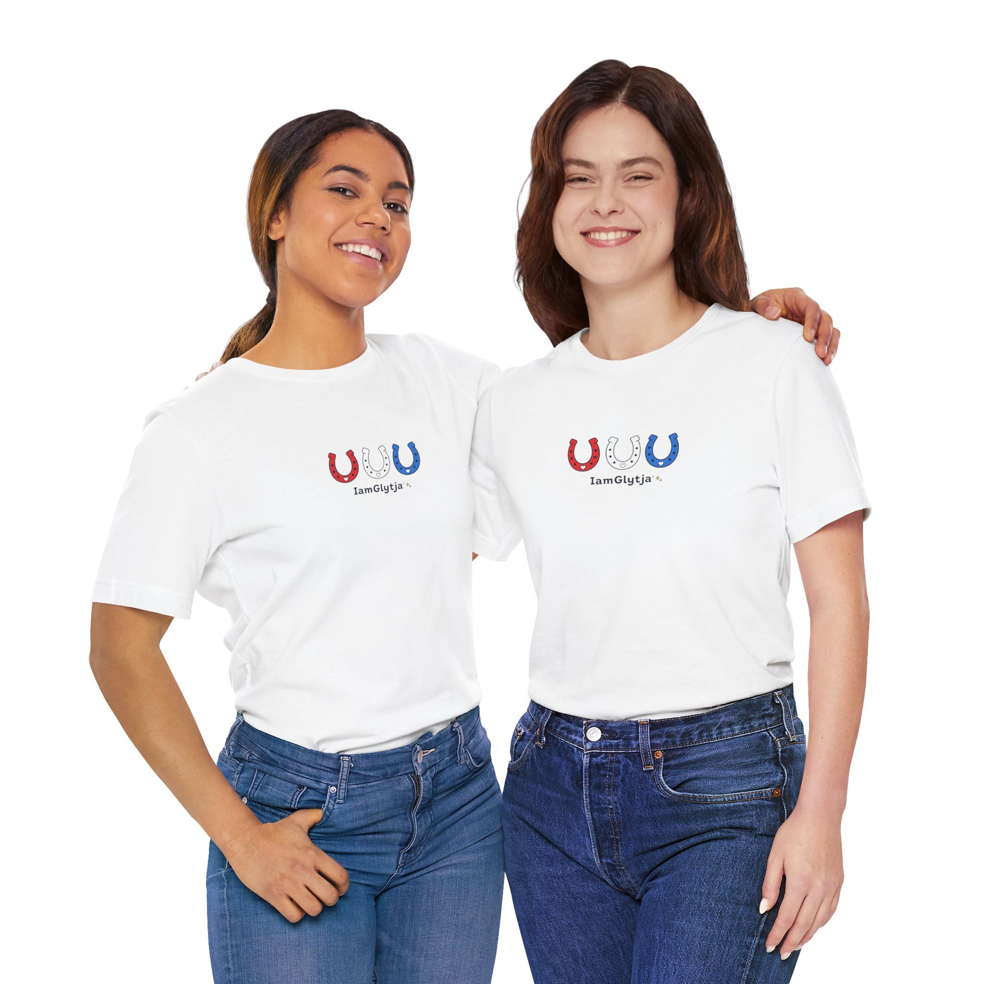 Detail of red, white, and blue horseshoe print on unisex t-shirt