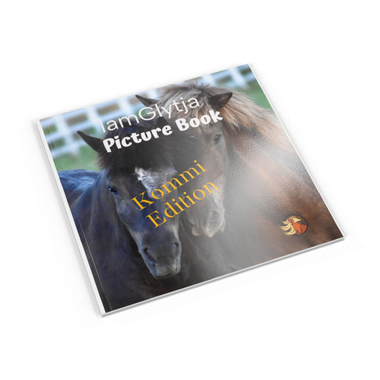 Picture book titled 'IamGlytja Picture Book Kommi Edition' with images of horses on a white background