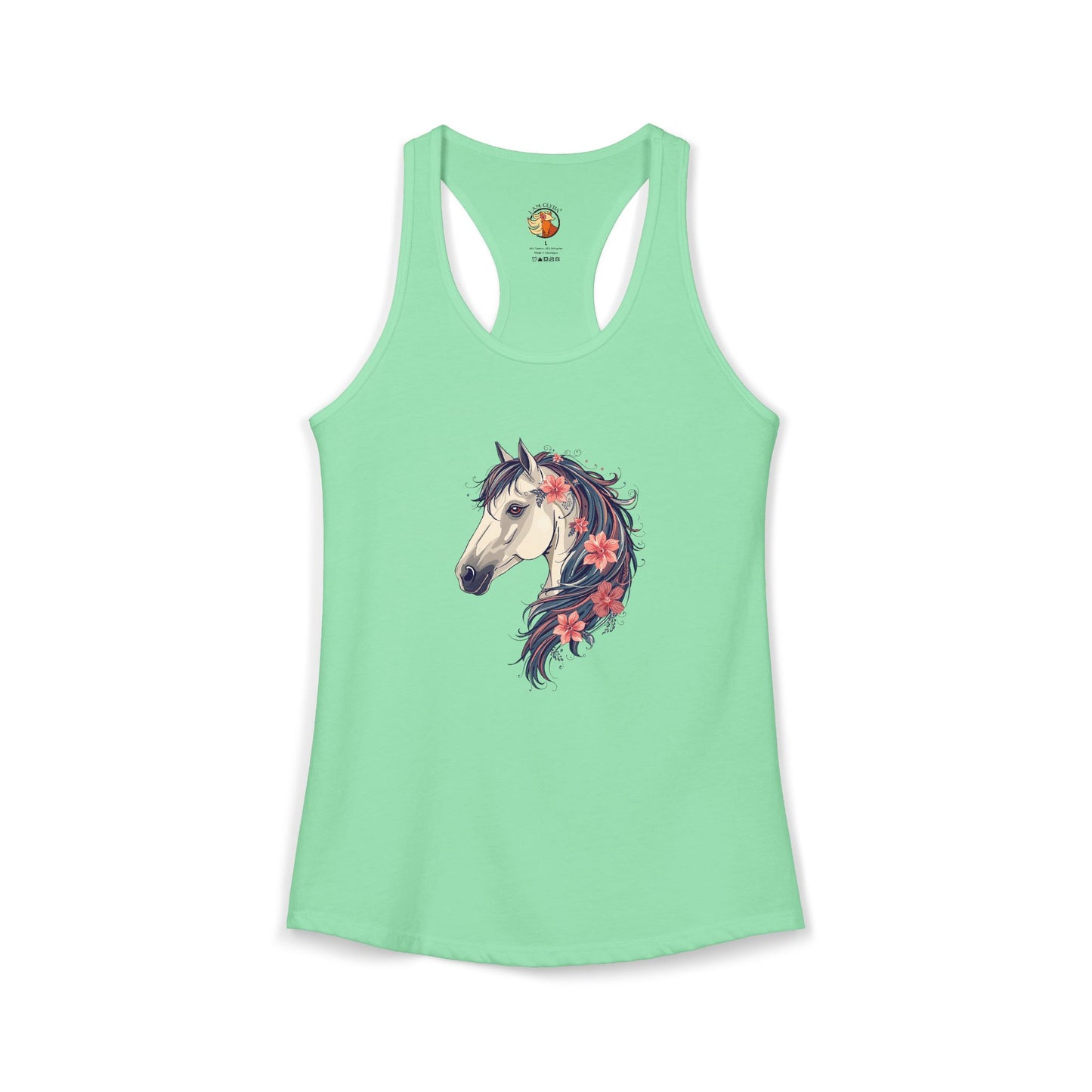Mint green tank top with a horse design on a white background