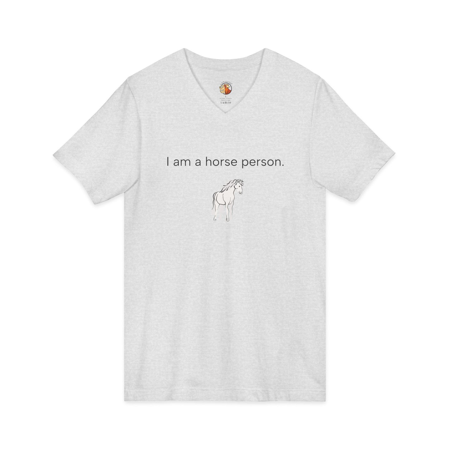 White t-shirt with horse graphic and text on a white background