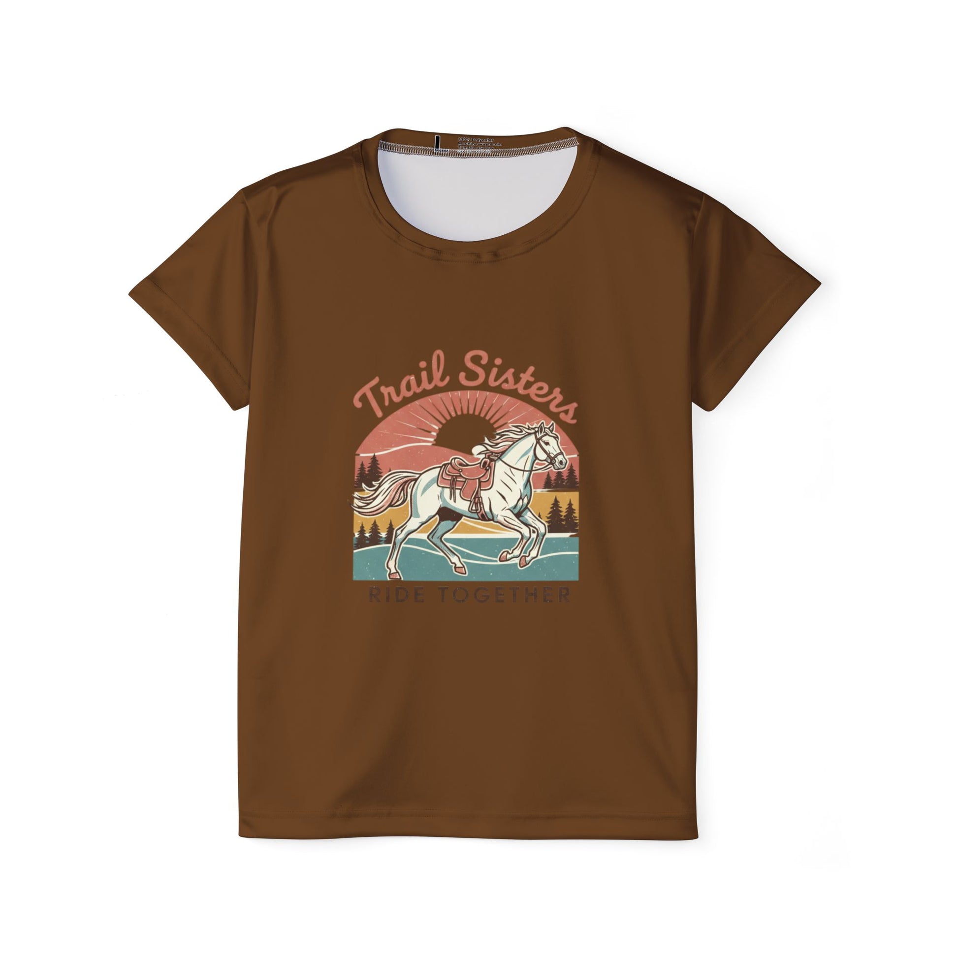 Brown t-shirt with a graphic of a horse and 'Trail Sisters' text on a white background