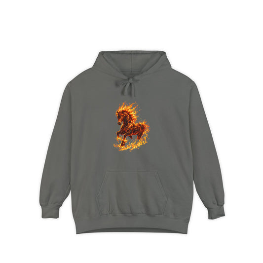 Gray hoodie with a fiery horse design on a white background