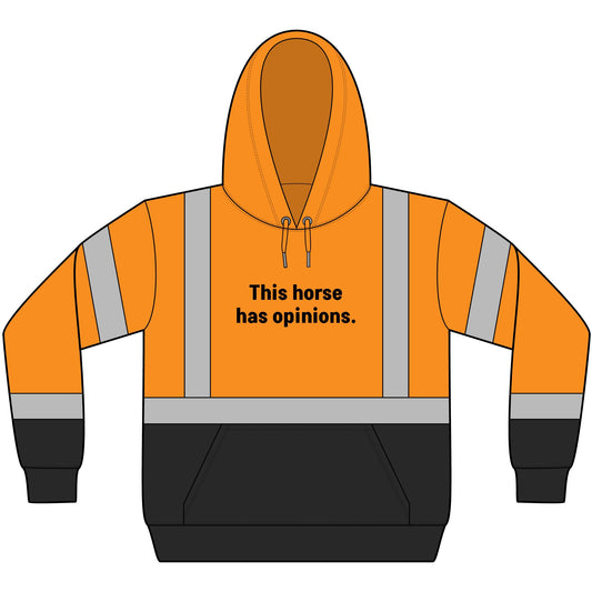 This Horse Has Opinions, Please Slow Down high-visibility reflective trail riding hoodie in safety orange with black lower front and cuffs