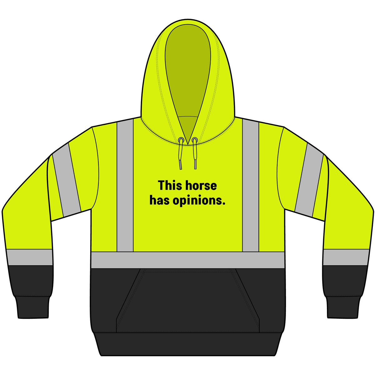 This Horse Has Opinions, Please Slow Down high-visibility reflective trail riding hoodie in safety yellow with black lower front and cuffs