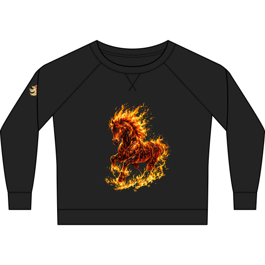 Black sweatshirt with a fiery horse design on a white background
