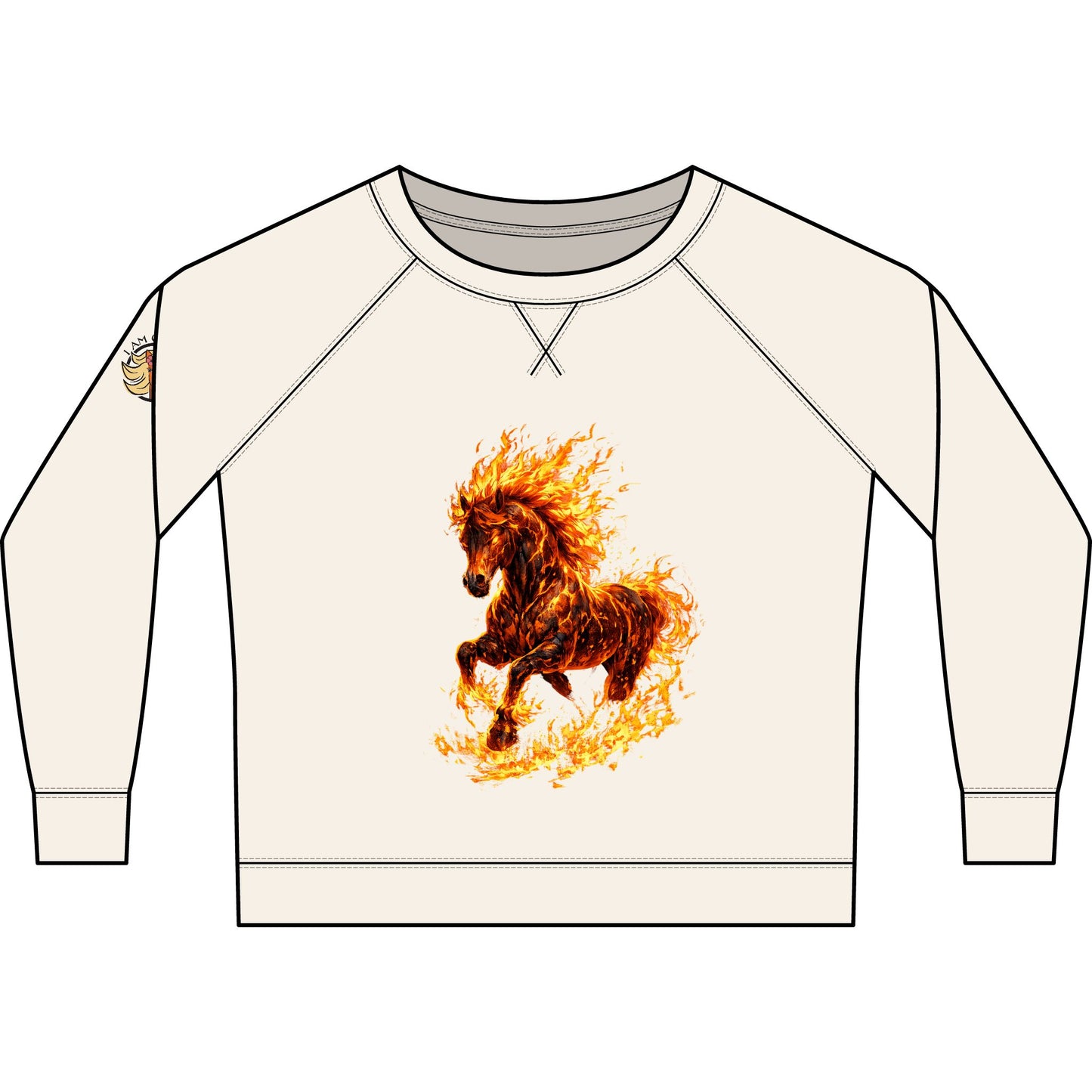 Sweatshirt with a fiery horse design on a white background