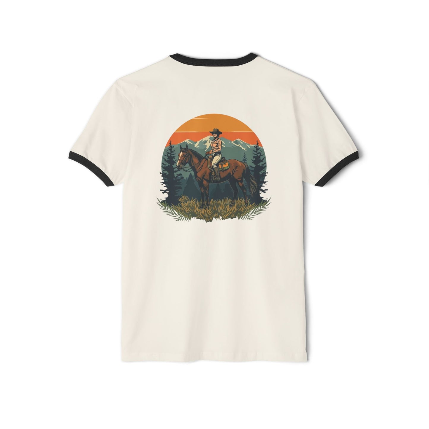 Front image:
Retro ringer tee with "Still Wild" graphic across the chest in distressed vintage print, contrast 1x1 rib binding at the collar and sleeves.
Back image:
Back of the same retro ringer tee showing a faded silhouette of a woman riding a horse, vintage tour-tee styling.