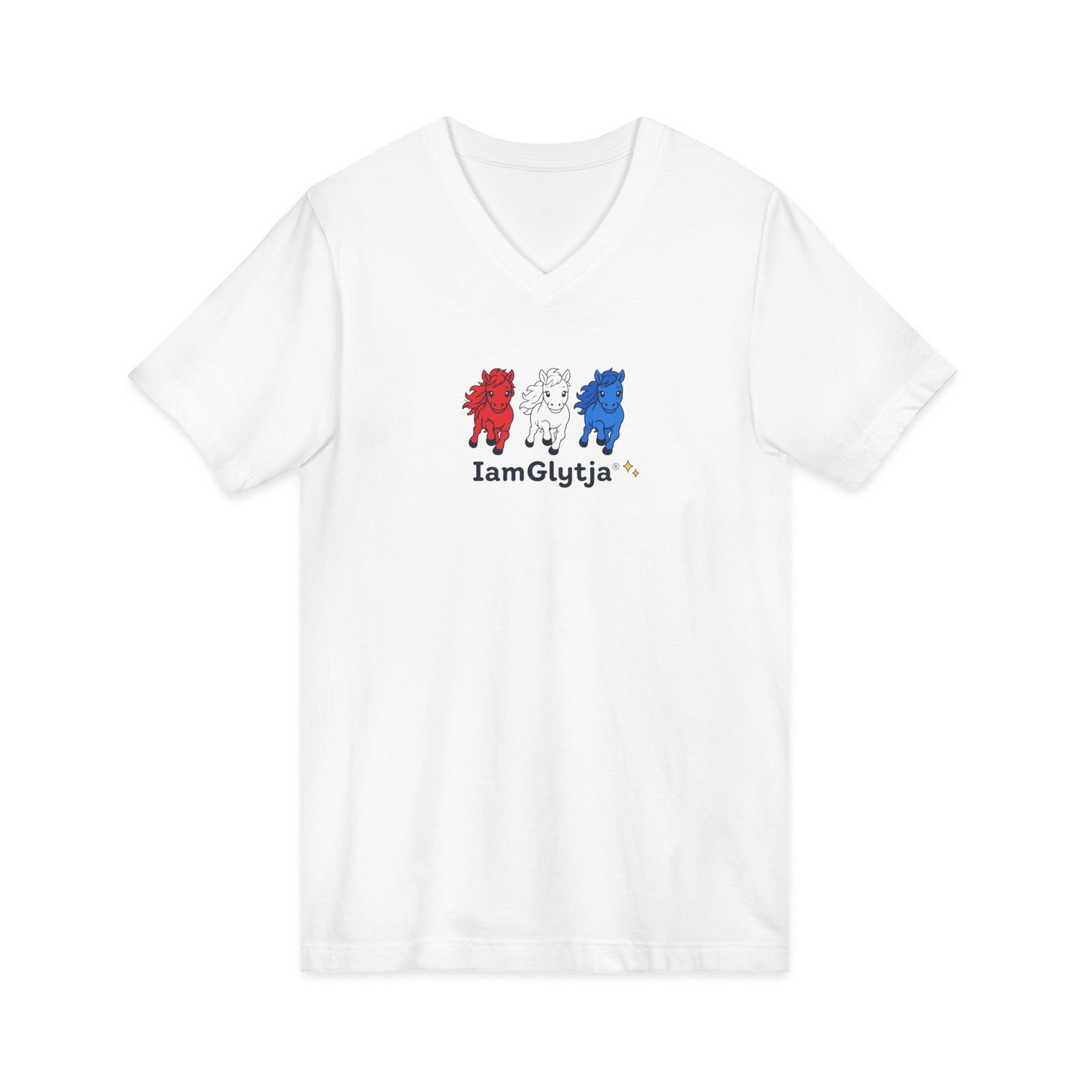 Soft cotton V-neck tee with red, white, and blue horses print, front view