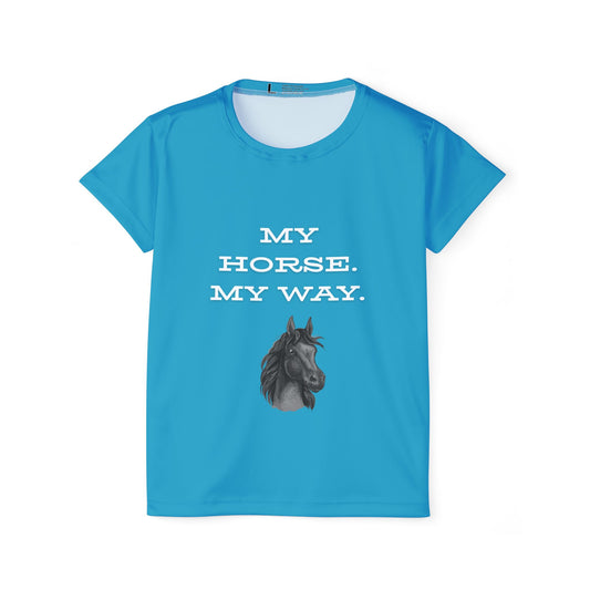 Blue t-shirt with horse graphic and text 'My Horse. My Way.' on a white background