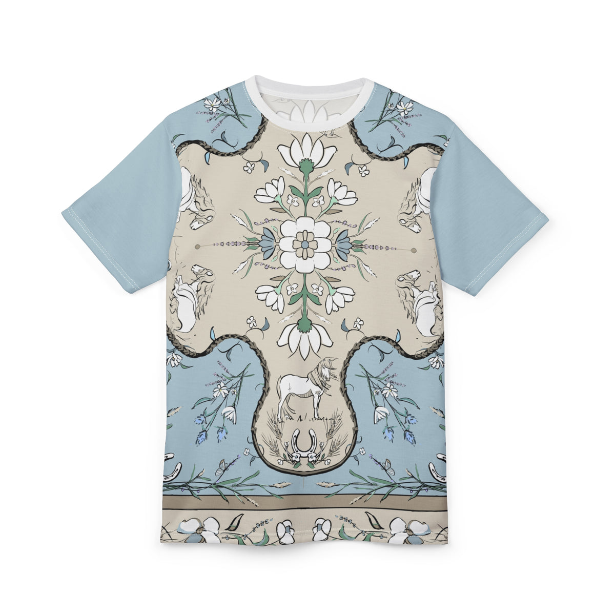 Lambs Hill Rug tee back, all-over print art shirt
