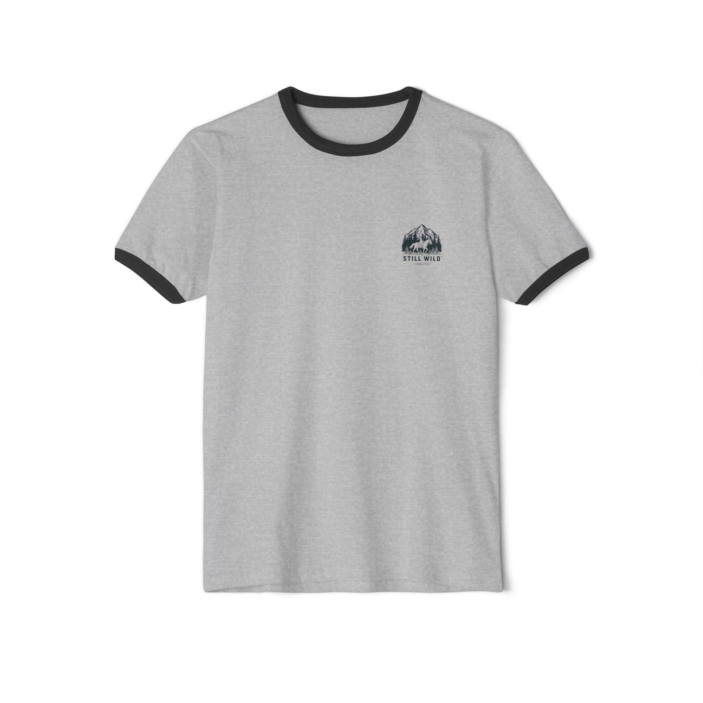 Front image:
Retro ringer tee with "Still Wild" graphic across the chest in distressed vintage print, contrast 1x1 rib binding at the collar and sleeves.
Back image:
Back of the same retro ringer tee showing a faded silhouette of a woman riding a horse, vintage tour-tee styling.
