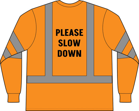 Please Slow Down high-visibility long-sleeve mesh trail riding shirt in safety orange with reflective tape on the body and sleeves