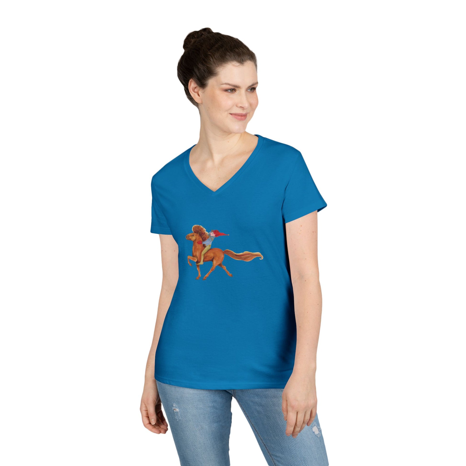 Woman wearing a blue t-shirt with a graphic design on a white background
