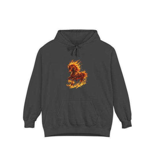 Dark gray hoodie with a fiery horse design on a white background