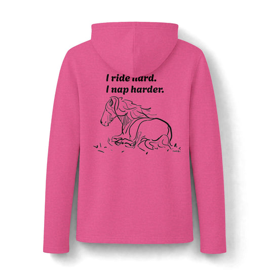 I Ride Hard. I Nap Harder. women's tri-blend hooded top with napping horse sketch by Charlotte Guernsey