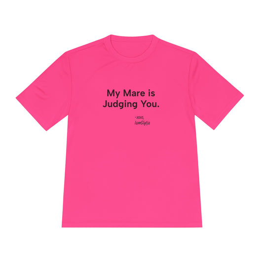 Pink t-shirt with black text on a white background