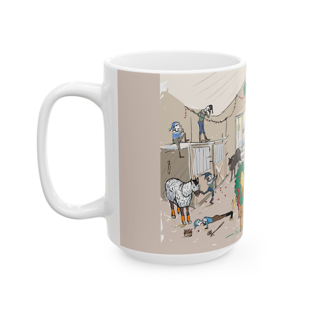 Another view of The Great Christmas Disaster Yule Lads 15 oz mug, illustrated by Charlotte Guernsey