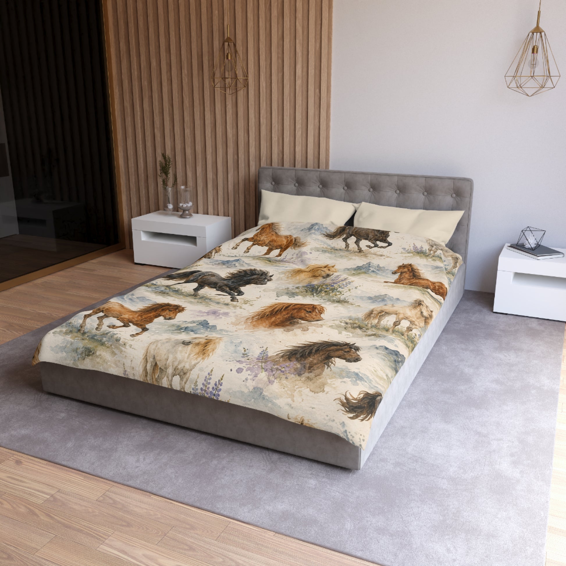 Icelandic horse comforter draped on bed, lifestyle view