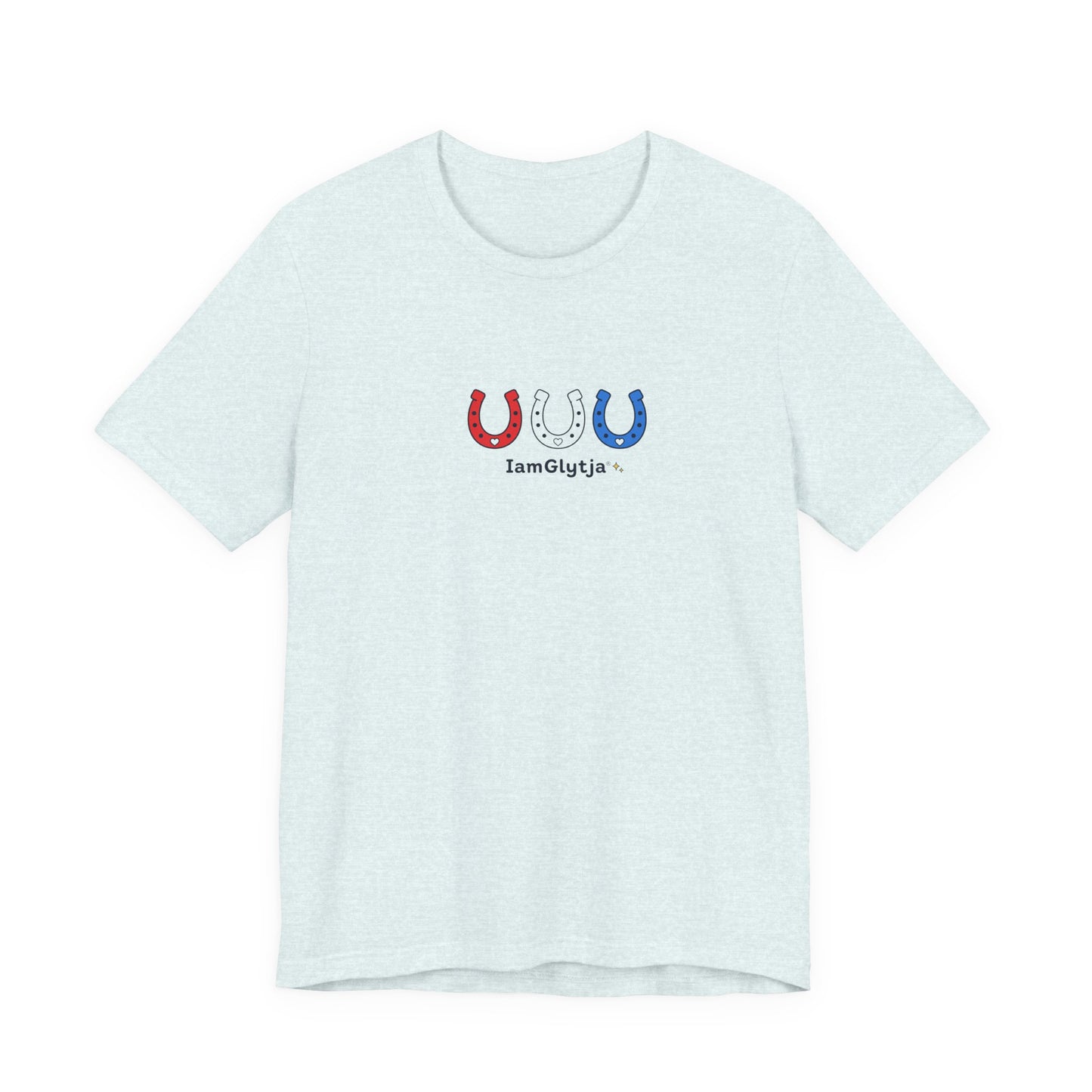 Lucky horseshoe t-shirt with red, white, and blue print, front view