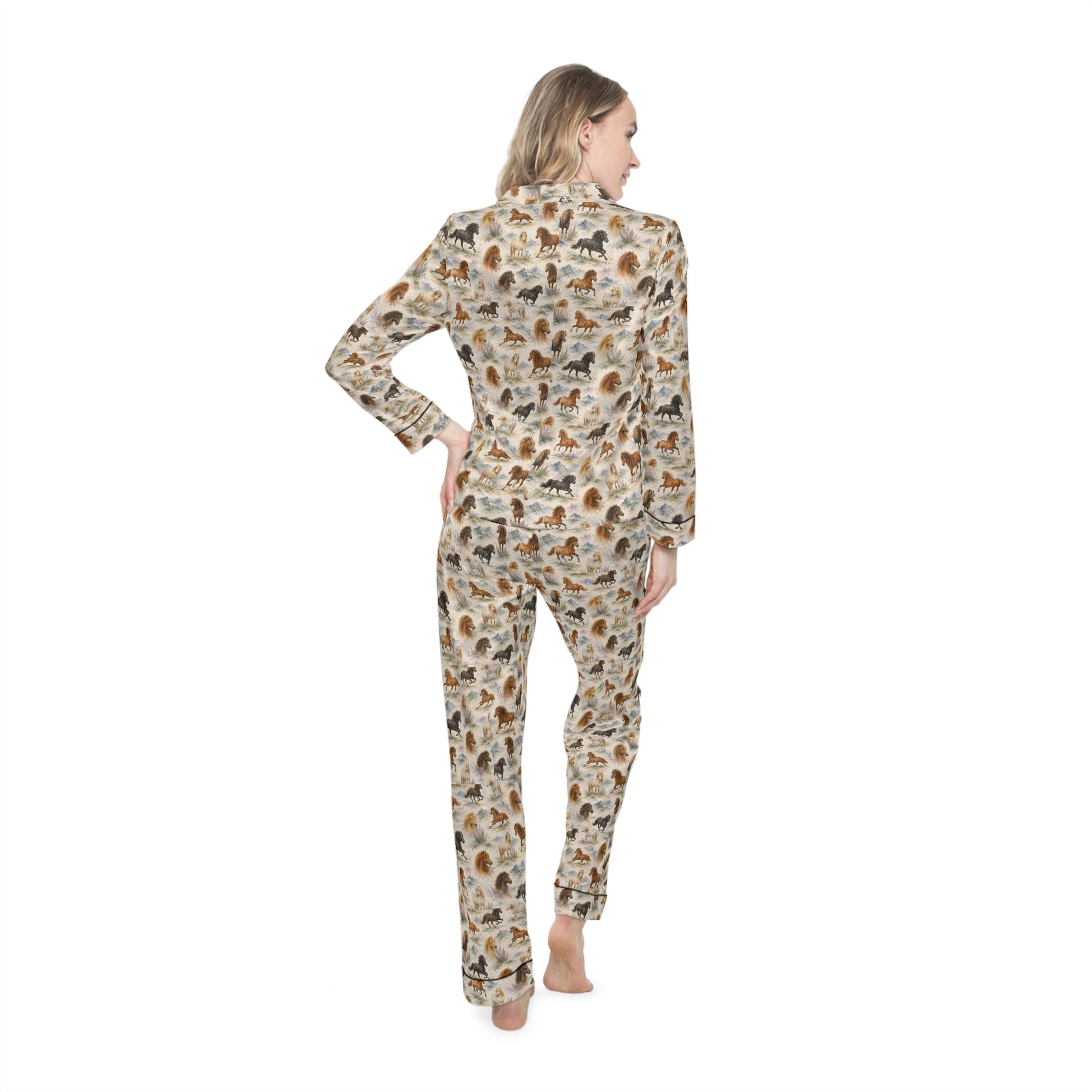 Icelandic horse satin pajamas showing drawstring waist detail