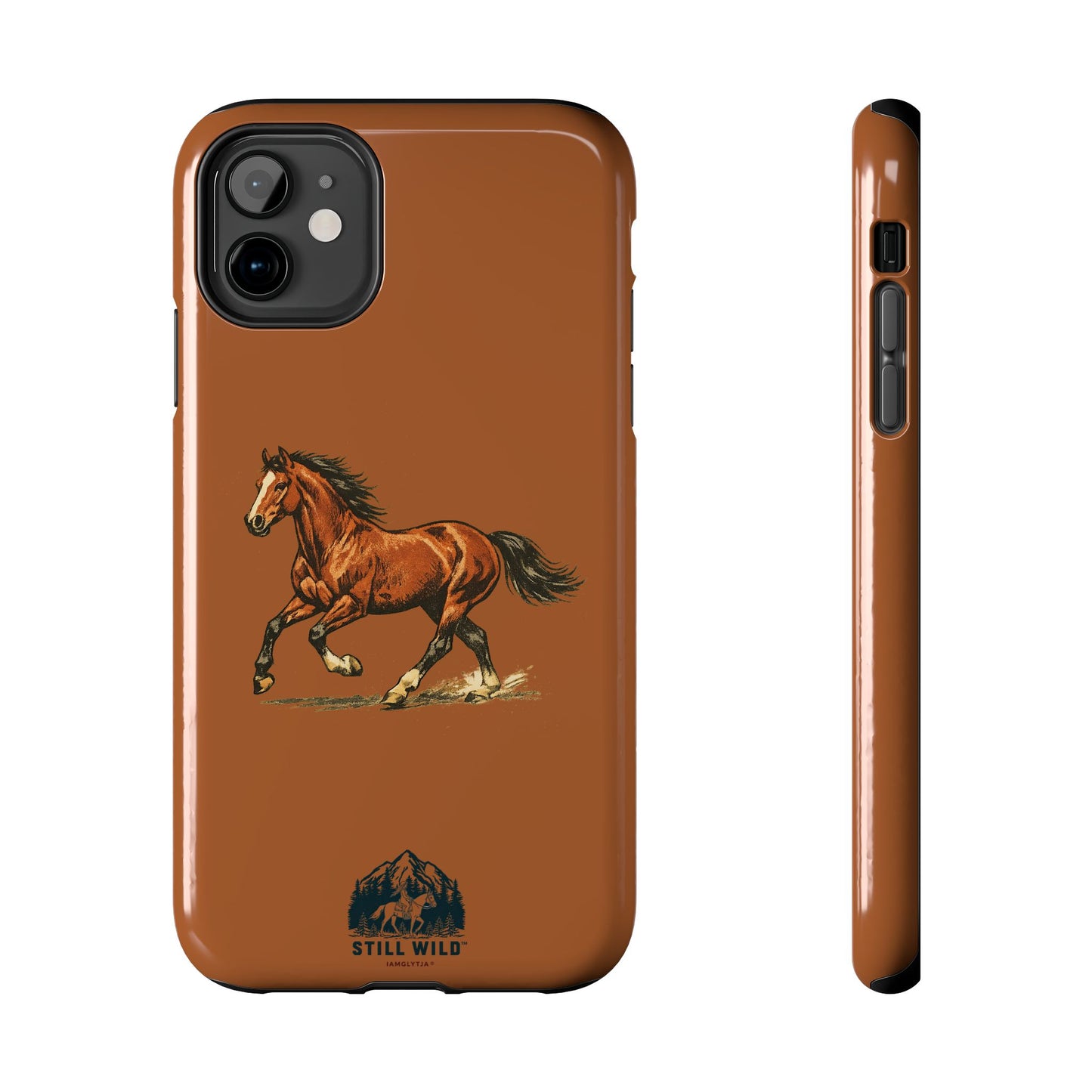 Glossy phone case with a galloping horse on a warm amber background from IamGlytja