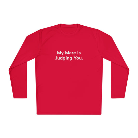 Red long-sleeve shirt with text 'My Mare is Judging You' on a white background