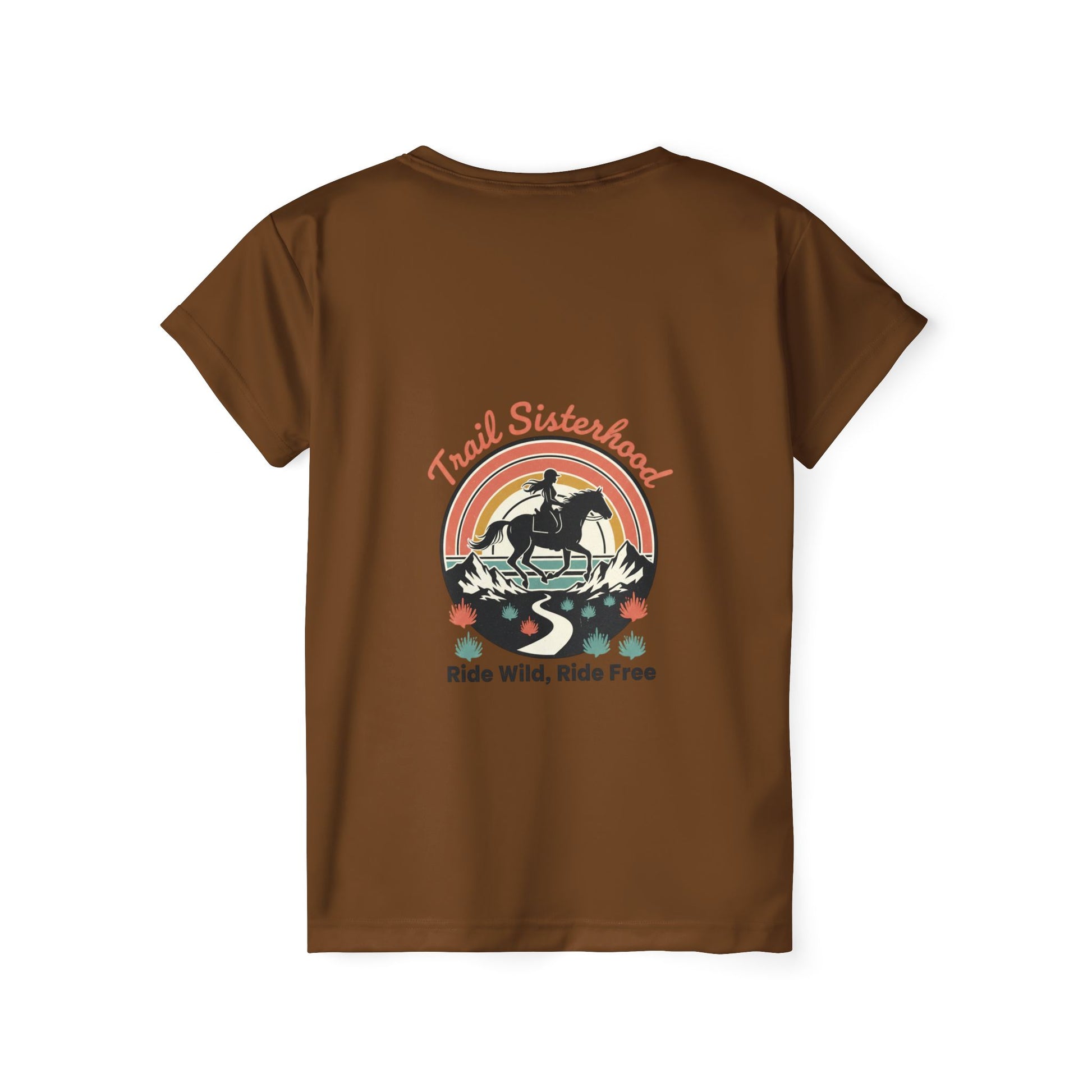 Brown t-shirt with a graphic design on the back featuring horses and text.