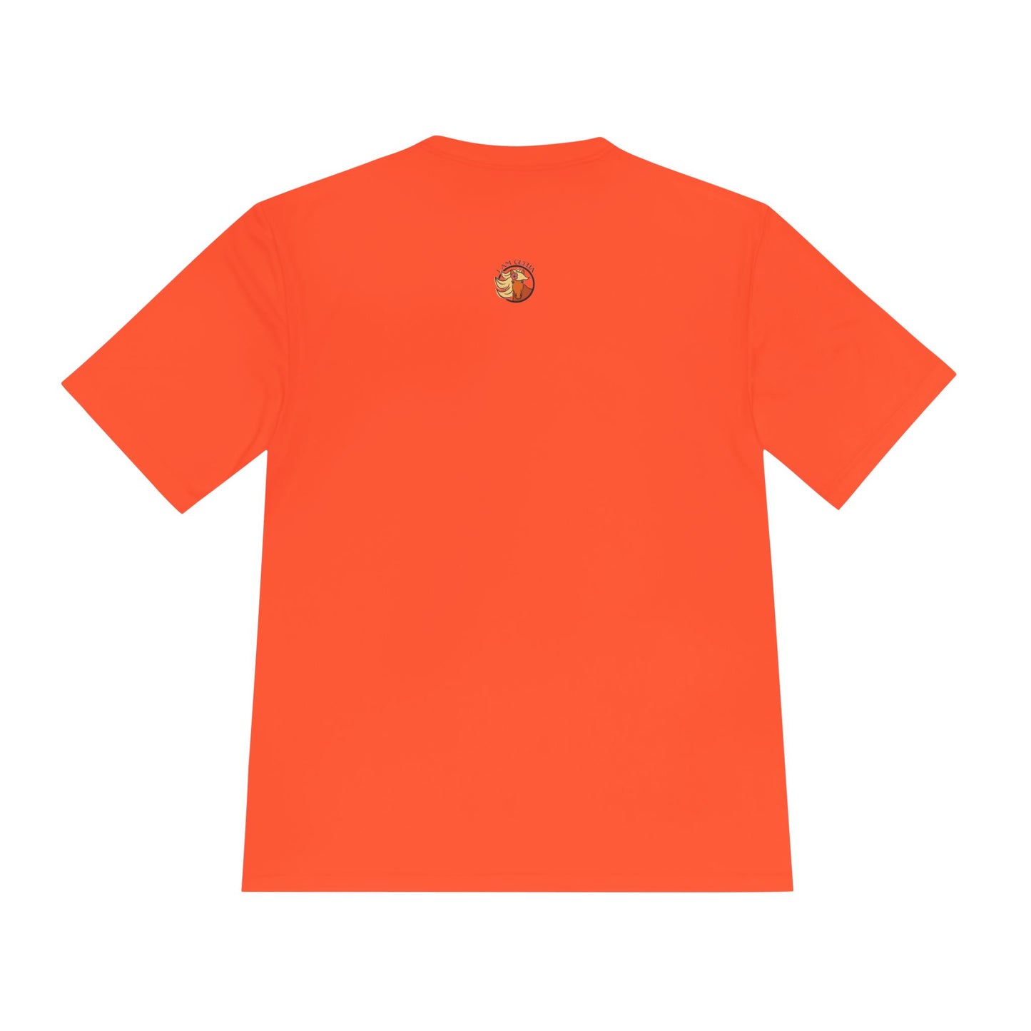 Orange t-shirt with a small logo on the back against a white background