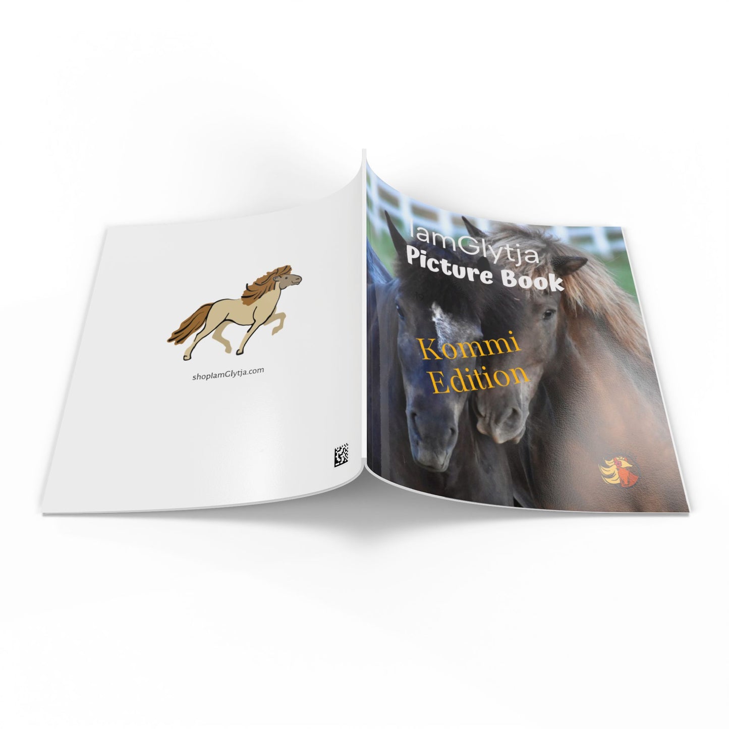 Open book showing a picture of two horses with text on a white background