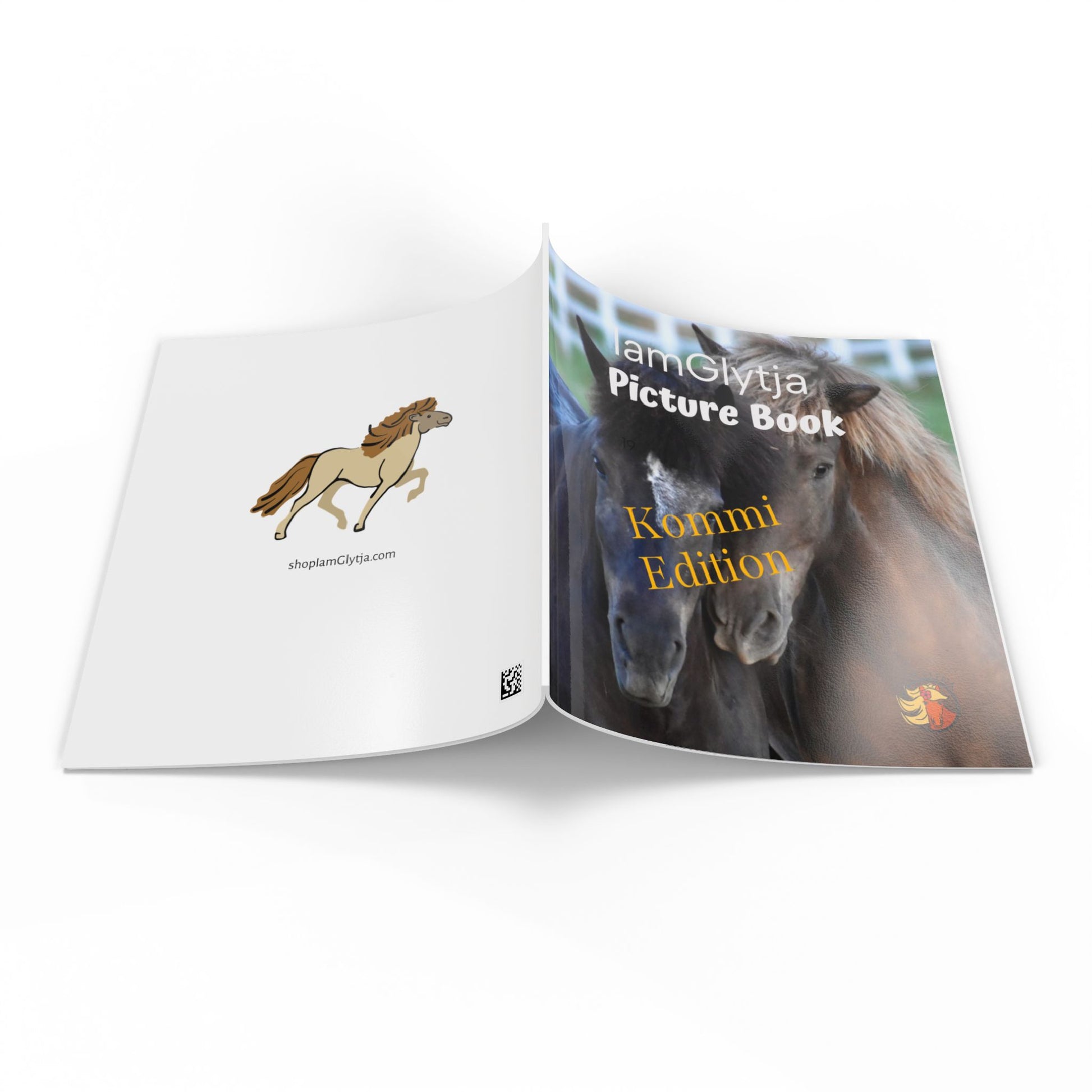 Open book showing a picture of two horses with text on a white background