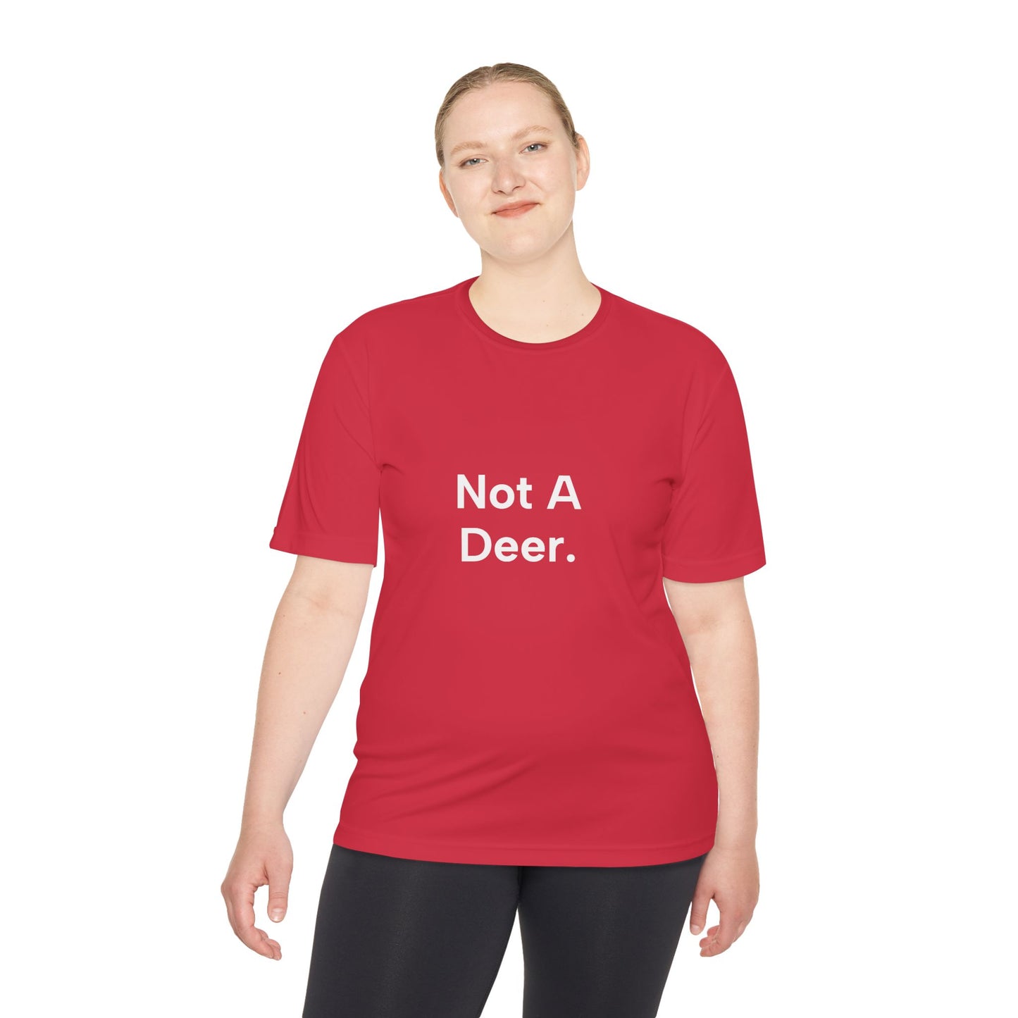Person wearing a red t-shirt with 'Not A Deer' text on a white background
