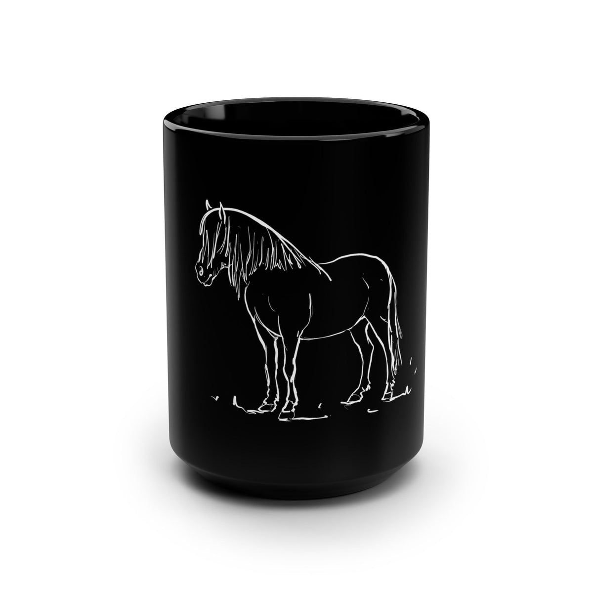 Gössi Icelandic horse mug, black 15 oz ceramic, sketch by Charlotte Guernsey