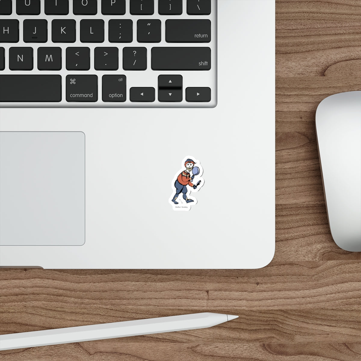 Another view of the Stubby Yule Lad die-cut sticker, illustrated by Charlotte Guernsey