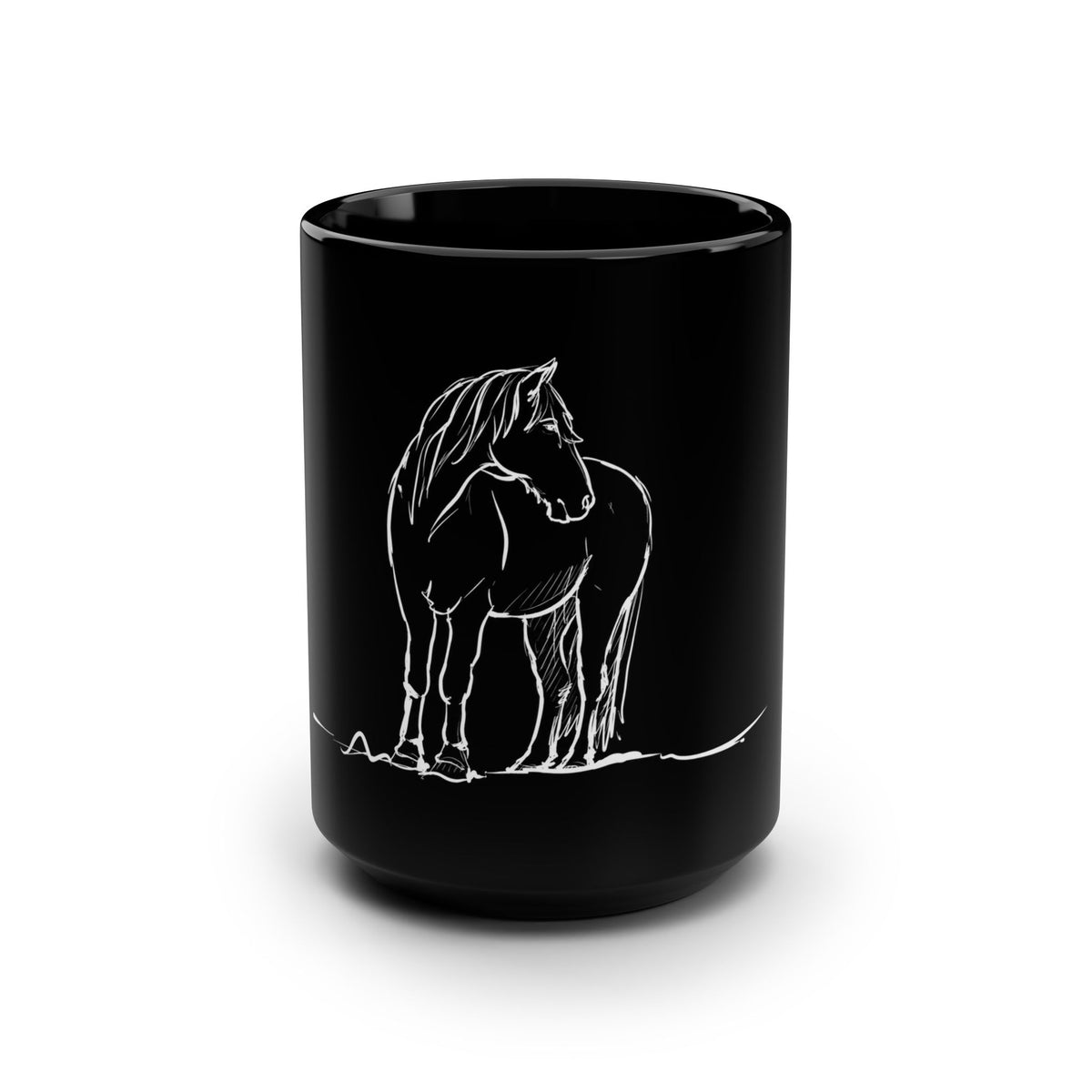Hermi Icelandic horse mug, black 15 oz ceramic, sketch by Charlotte Guernsey
