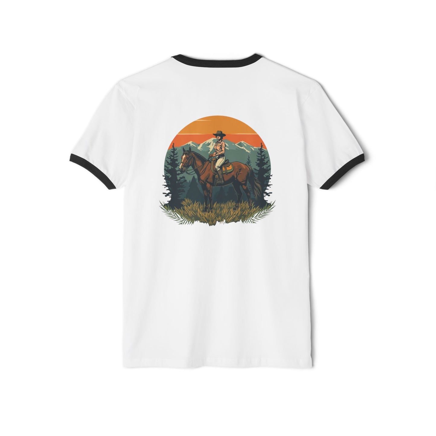 Front image:
Retro ringer tee with "Still Wild" graphic across the chest in distressed vintage print, contrast 1x1 rib binding at the collar and sleeves.
Back image:
Back of the same retro ringer tee showing a faded silhouette of a woman riding a horse, vintage tour-tee styling.