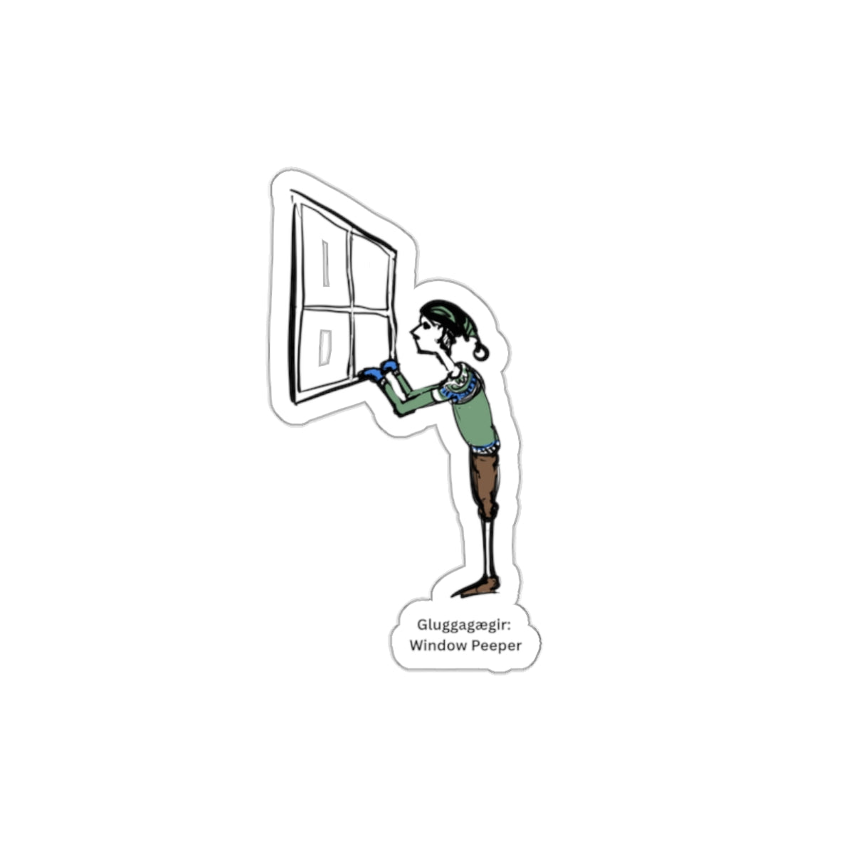 Window Peeper Yule Lad die-cut vinyl sticker with Charlotte Guernsey's illustration of Window Peeper