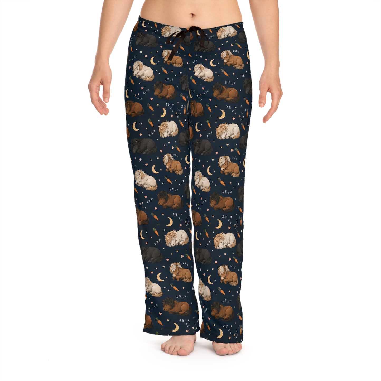 Horse print pajama bottoms showing drawstring waist detail