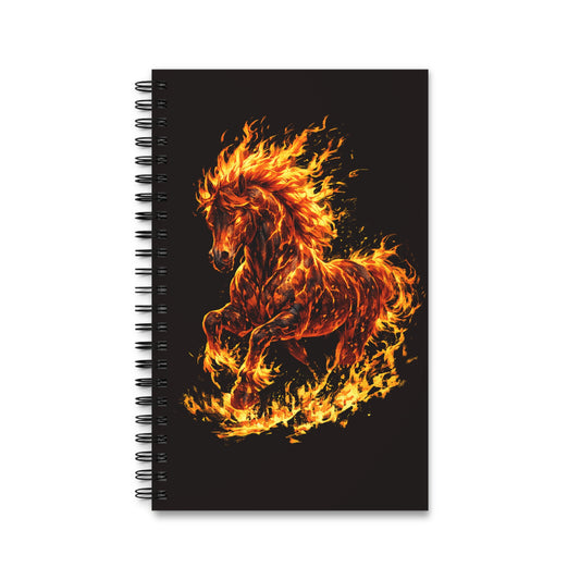 Notebook with a fiery horse design on a black background