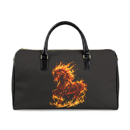 Black duffel bag with a fiery horse design on a black background