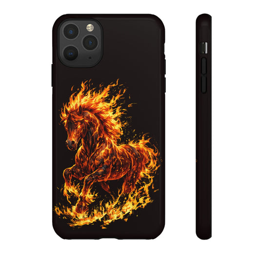 Phone case with a fiery horse design on a black background