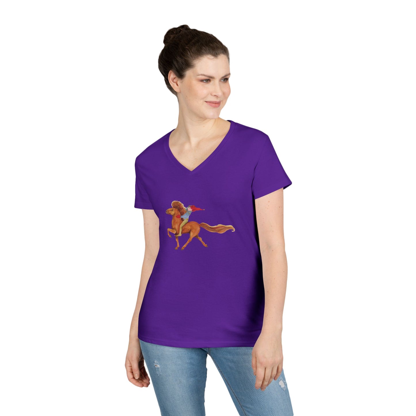 Woman wearing a purple t-shirt with a graphic and text on a white background